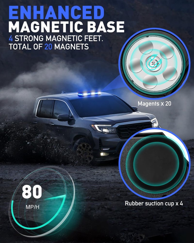 HLauto 406D Rooftop Emergency Strobe Lights Bar, 102 LED Blue White Mini Beacon Safety Flashing Warning Traffic Lights Bar w/Magnetic Base for 12-24V Trucks, Construction Vehicles, Snowplow, Cars - Image 4